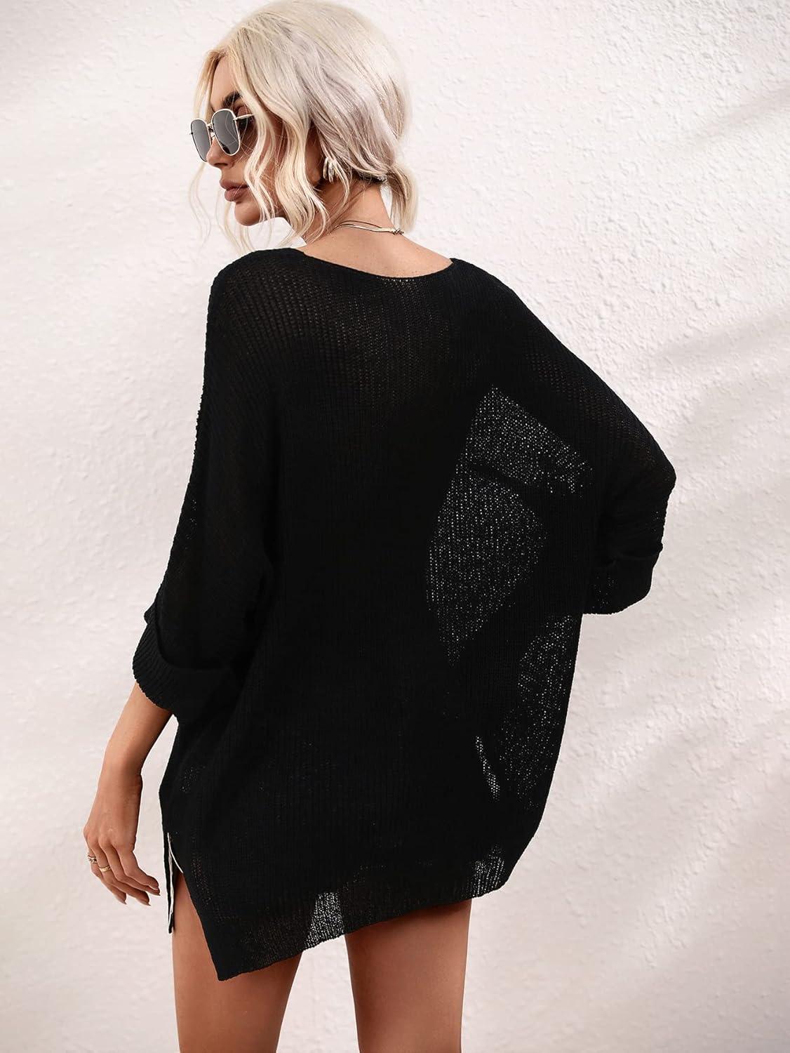 imagechouyatou Womens Oversized Short Sleeve Crochet Sweater Tops Beach Cover Up Summer TShirtBlack