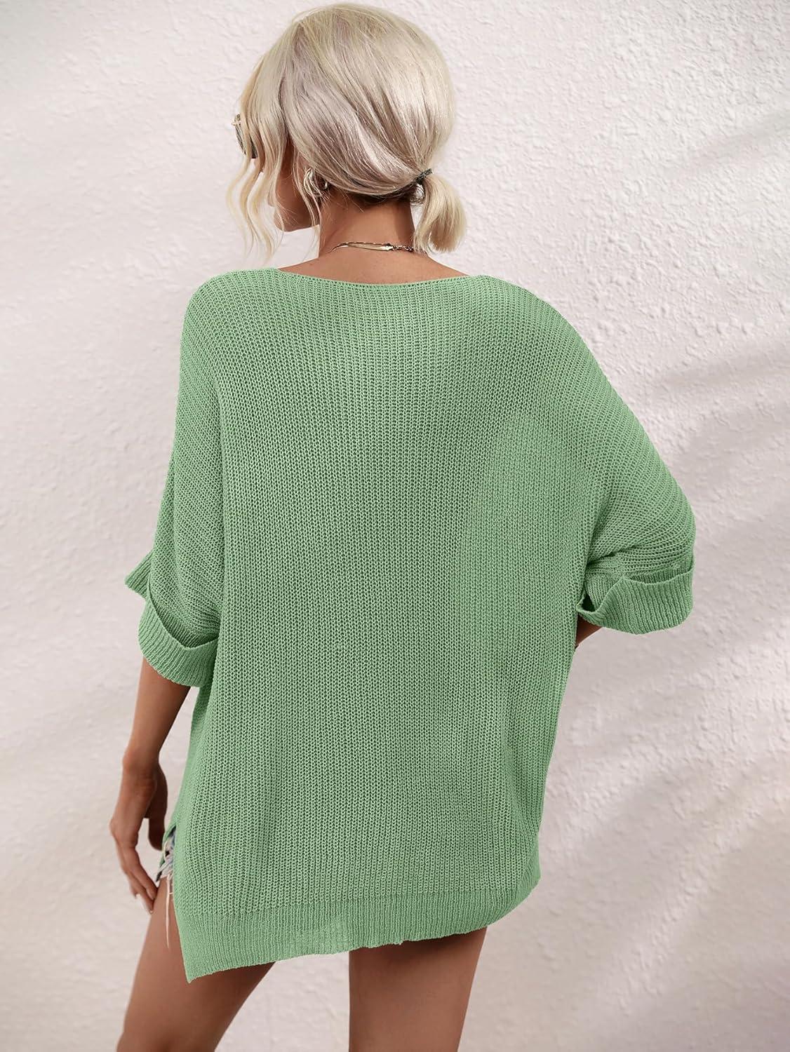 imagechouyatou Womens Oversized Short Sleeve Crochet Sweater Tops Beach Cover Up Summer TShirtGreen