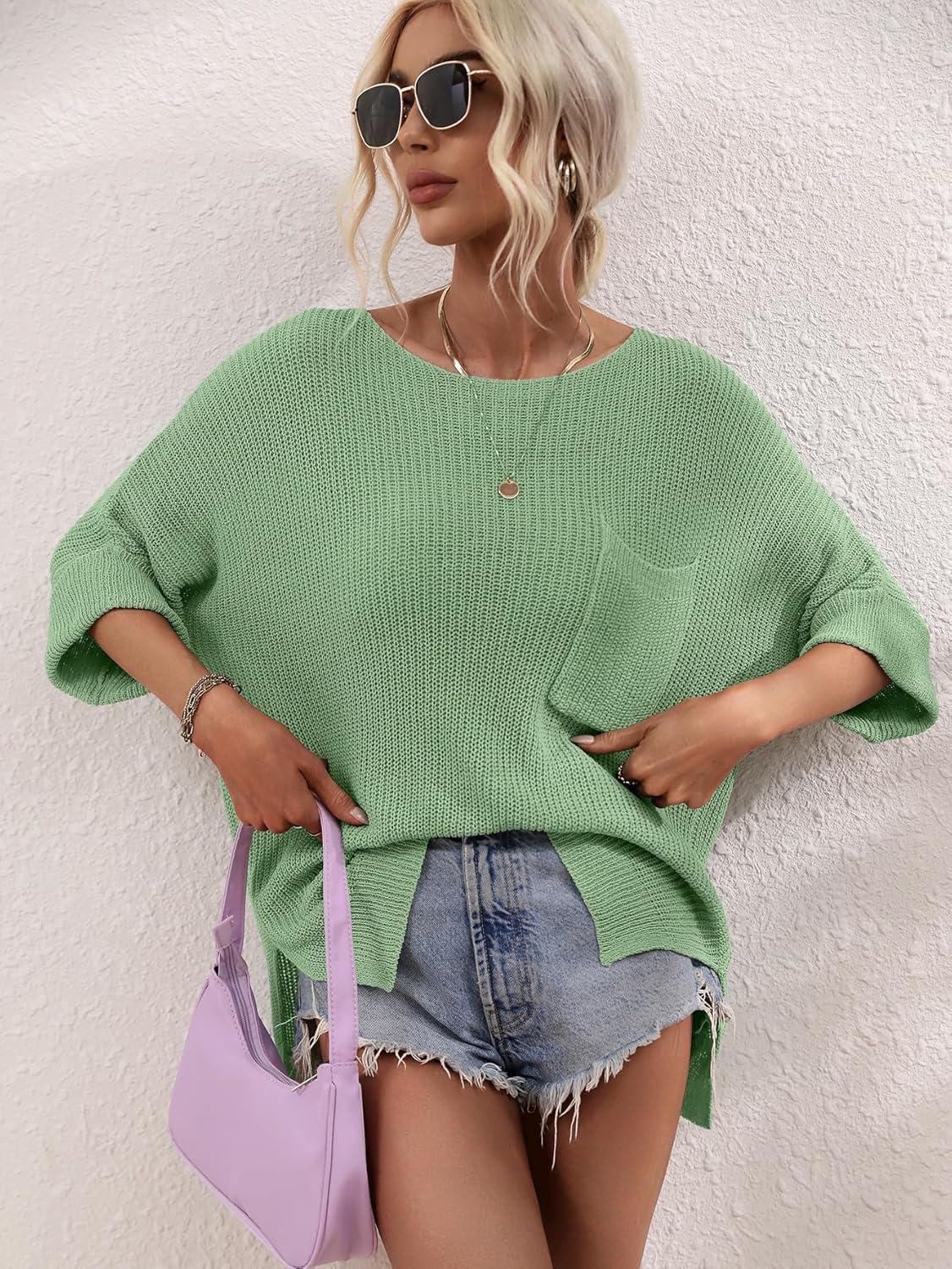 imagechouyatou Womens Oversized Short Sleeve Crochet Sweater Tops Beach Cover Up Summer TShirtGreen
