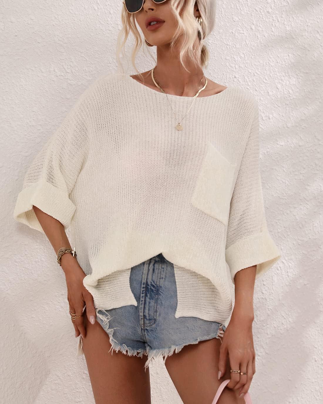 imagechouyatou Womens Oversized Short Sleeve Crochet Sweater Tops Beach Cover Up Summer TShirtWhite