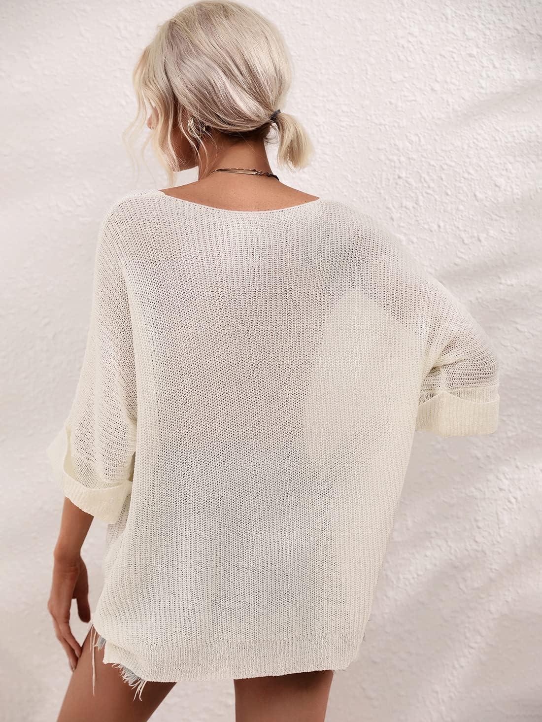 imagechouyatou Womens Oversized Short Sleeve Crochet Sweater Tops Beach Cover Up Summer TShirtWhite