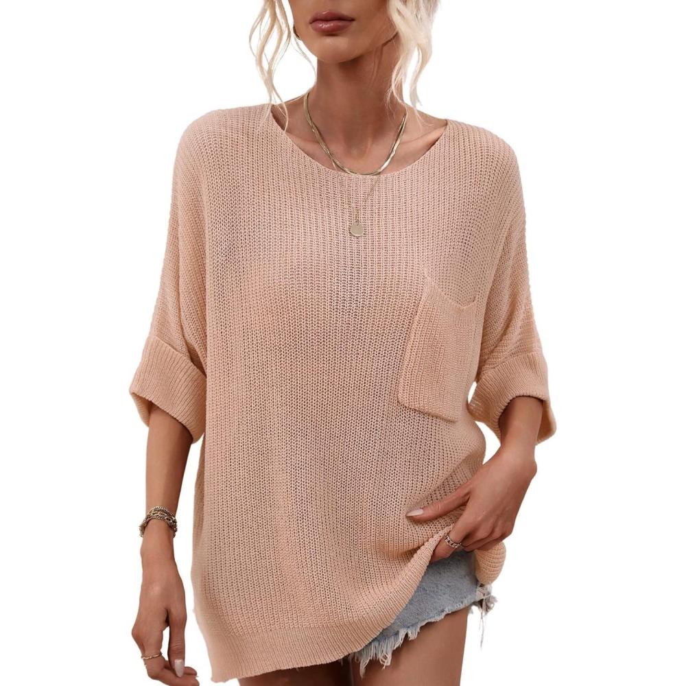 imagechouyatou Womens Oversized Short Sleeve Crochet Sweater Tops Beach Cover Up Summer TShirtPink