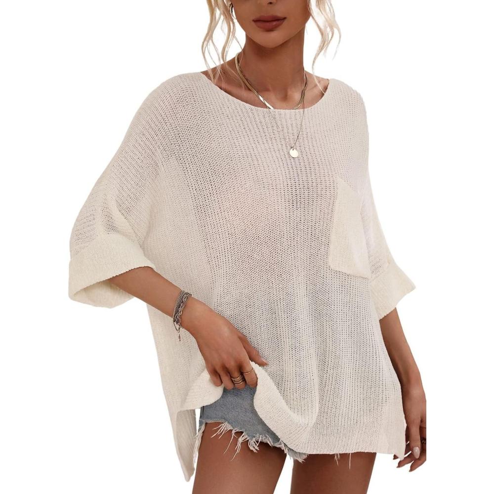 imagechouyatou Womens Oversized Short Sleeve Crochet Sweater Tops Beach Cover Up Summer TShirtWhite