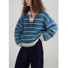 imagechouyatou Womens Casual VNeck Striped Sweater Long Sleeve Knitted Pullover Oversized Fall Jumper TopsBlue