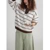 imagechouyatou Womens Casual VNeck Striped Sweater Long Sleeve Knitted Pullover Oversized Fall Jumper TopsBrown White