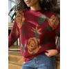 imagechouyatou Womens Fall Floral Pullover Sweater Tops Crewneck Winter Casual Graphic Chunky Knit SweaterRed