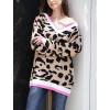 imagechouyatou Womens Fall Winter Long Sleeve Loose Leopard Floral Sweater V Neck Rib Knit Pullover SweaterLight Brown
