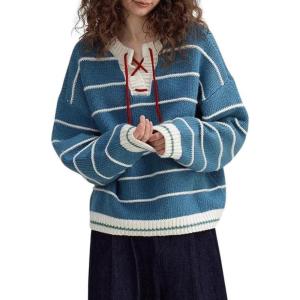 imagechouyatou Womens Casual VNeck Striped Sweater Long Sleeve Knitted Pullover Oversized Fall Jumper TopsBlue