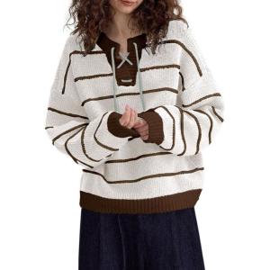 imagechouyatou Womens Casual VNeck Striped Sweater Long Sleeve Knitted Pullover Oversized Fall Jumper TopsBrown White
