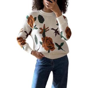 imagechouyatou Womens Fall Floral Pullover Sweater Tops Crewneck Winter Casual Graphic Chunky Knit SweaterOffwhite