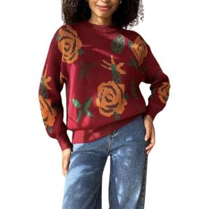 imagechouyatou Womens Fall Floral Pullover Sweater Tops Crewneck Winter Casual Graphic Chunky Knit SweaterRed