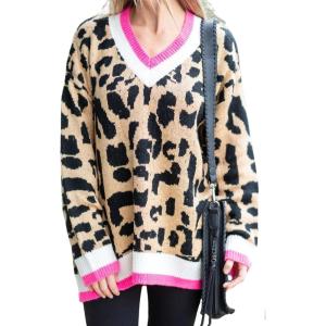imagechouyatou Womens Fall Winter Long Sleeve Loose Leopard Floral Sweater V Neck Rib Knit Pullover SweaterLight Brown