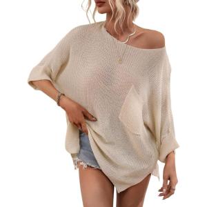 imagechouyatou Womens Oversized Short Sleeve Crochet Sweater Tops Beach Cover Up Summer TShirtApricot