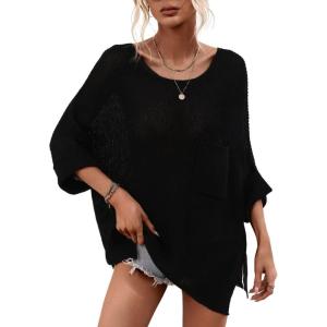 imagechouyatou Womens Oversized Short Sleeve Crochet Sweater Tops Beach Cover Up Summer TShirtBlack