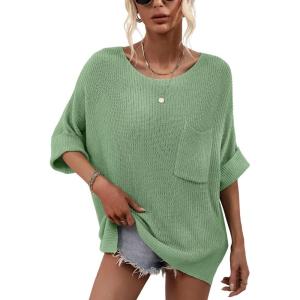 imagechouyatou Womens Oversized Short Sleeve Crochet Sweater Tops Beach Cover Up Summer TShirtGreen