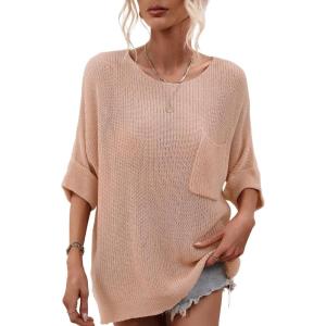 imagechouyatou Womens Oversized Short Sleeve Crochet Sweater Tops Beach Cover Up Summer TShirtPink