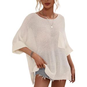 imagechouyatou Womens Oversized Short Sleeve Crochet Sweater Tops Beach Cover Up Summer TShirtWhite