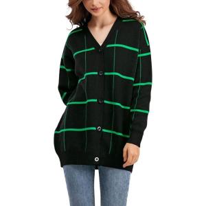 imagechouyatou Womens Vintage Plaid Button Down Cardigans Color Block V Neck Knit Cardigan Sweater Jacket CoatBlack
