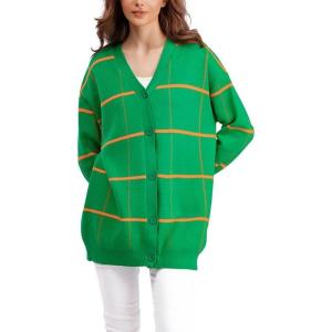 imagechouyatou Womens Vintage Plaid Button Down Cardigans Color Block V Neck Knit Cardigan Sweater Jacket CoatGreen