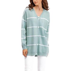 imagechouyatou Womens Vintage Plaid Button Down Cardigans Color Block V Neck Knit Cardigan Sweater Jacket CoatLight Green