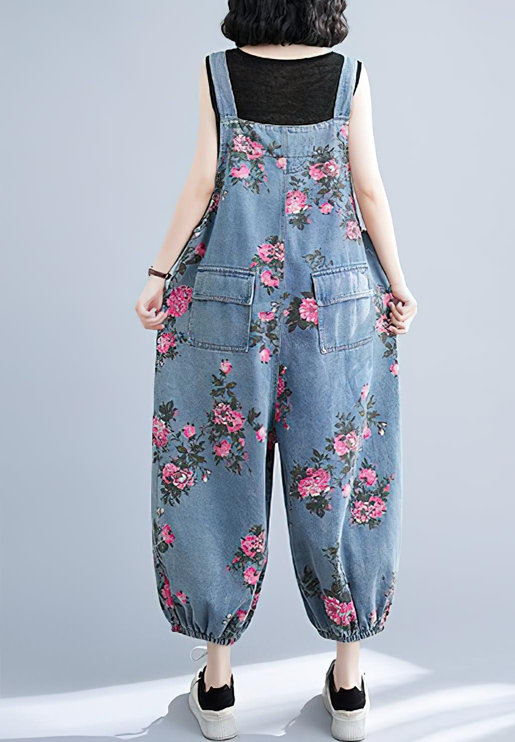 imagechouyatou Womens Adjustable Strap Wide Leg Denim Overall Floral Boho Jean Bib Jumpsuits with PocketsBlue