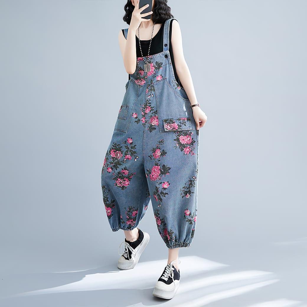 imagechouyatou Womens Adjustable Strap Wide Leg Denim Overall Floral Boho Jean Bib Jumpsuits with PocketsBlue
