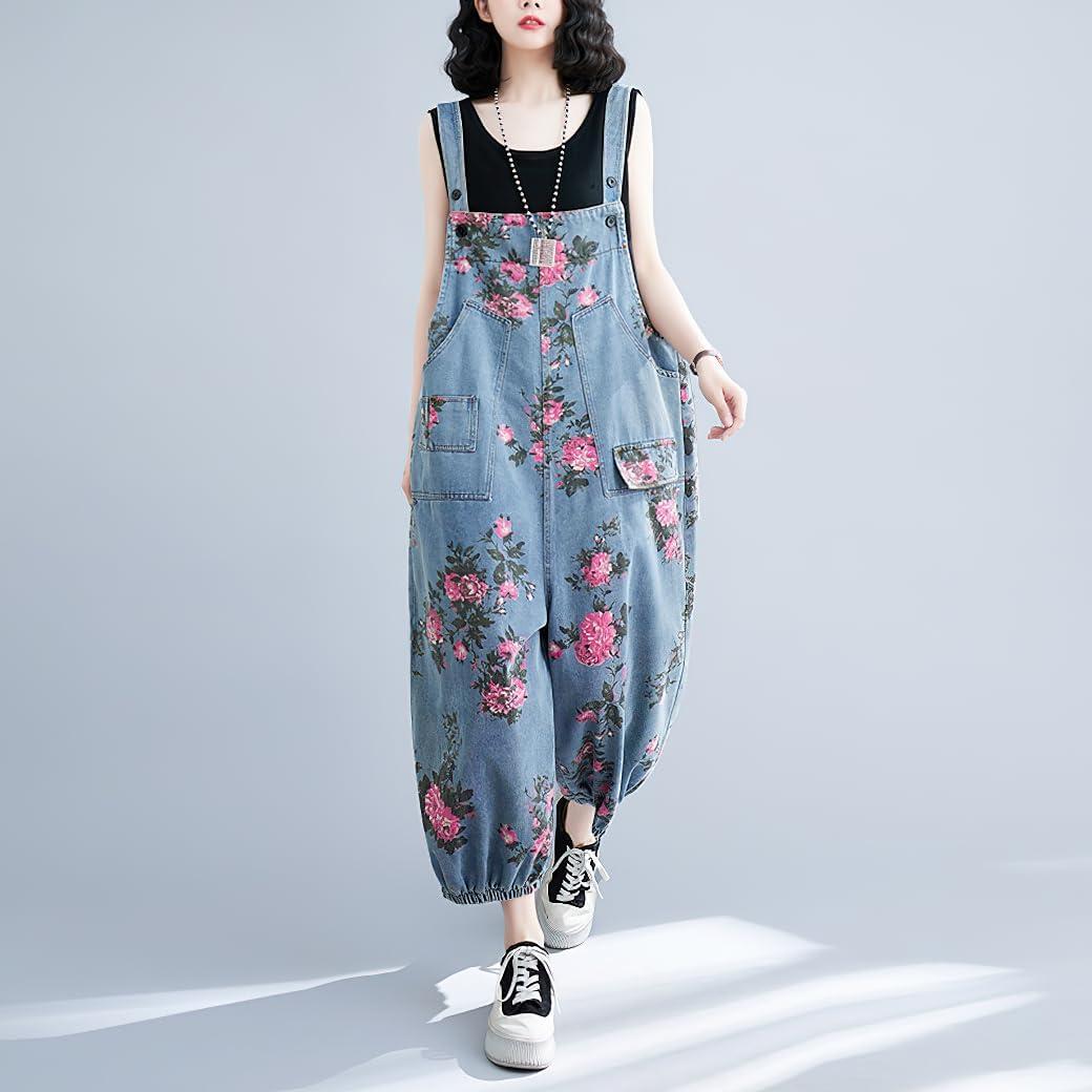 imagechouyatou Womens Adjustable Strap Wide Leg Denim Overall Floral Boho Jean Bib Jumpsuits with PocketsBlue