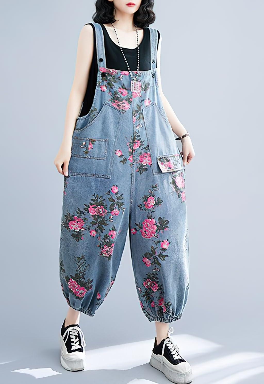 imagechouyatou Womens Adjustable Strap Wide Leg Denim Overall Floral Boho Jean Bib Jumpsuits with PocketsBlue