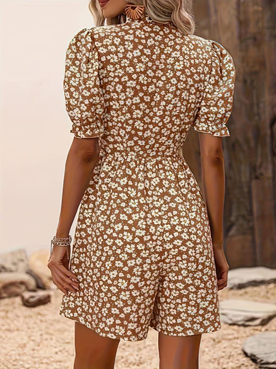 imagechouyatou Womens Boho Floral Printed Button Up Jumpsuit Puffy Short Sleeve Wide Leg Romper ShortsCoffee