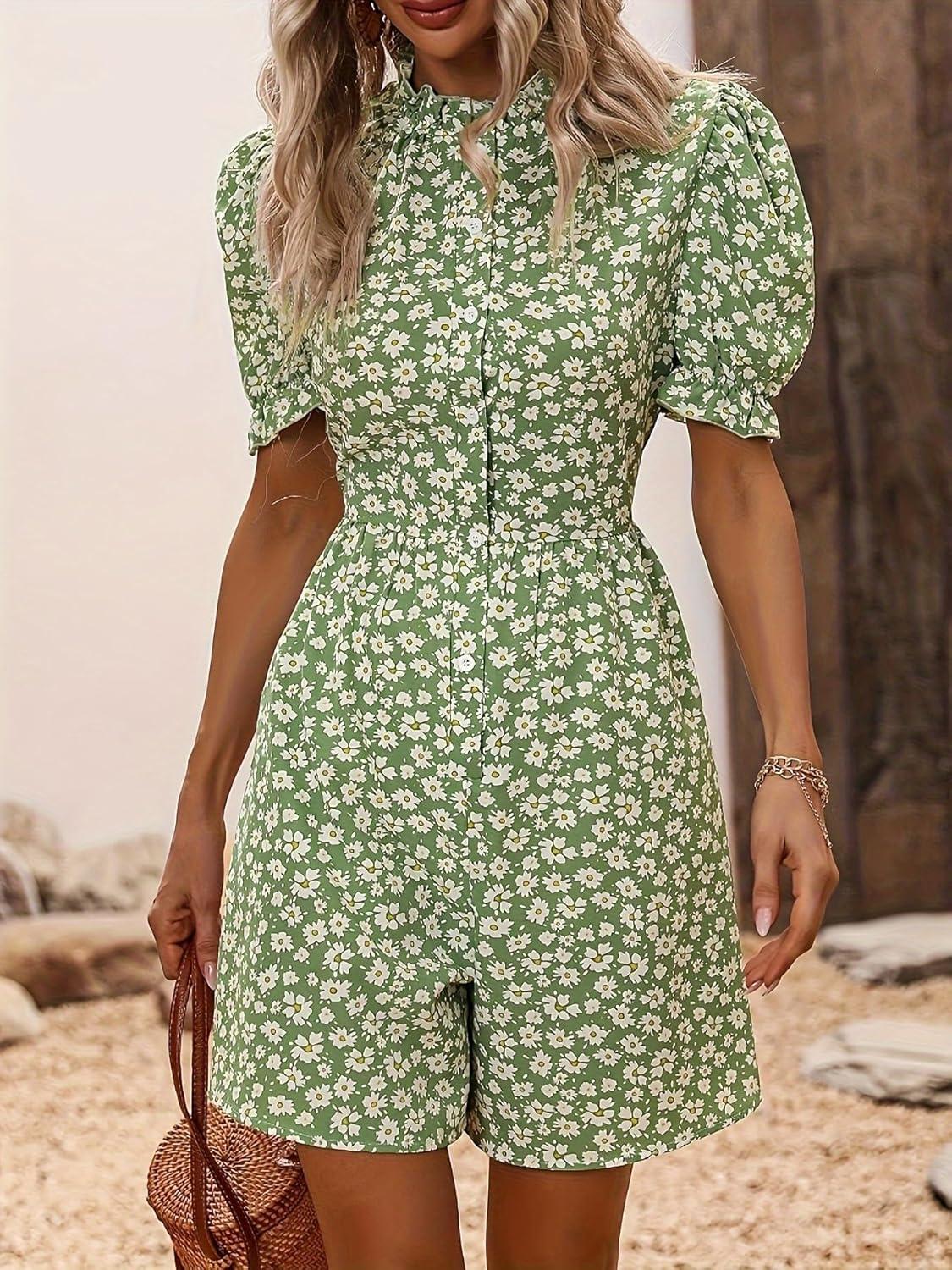 imagechouyatou Womens Boho Floral Printed Button Up Jumpsuit Puffy Short Sleeve Wide Leg Romper ShortsGreen