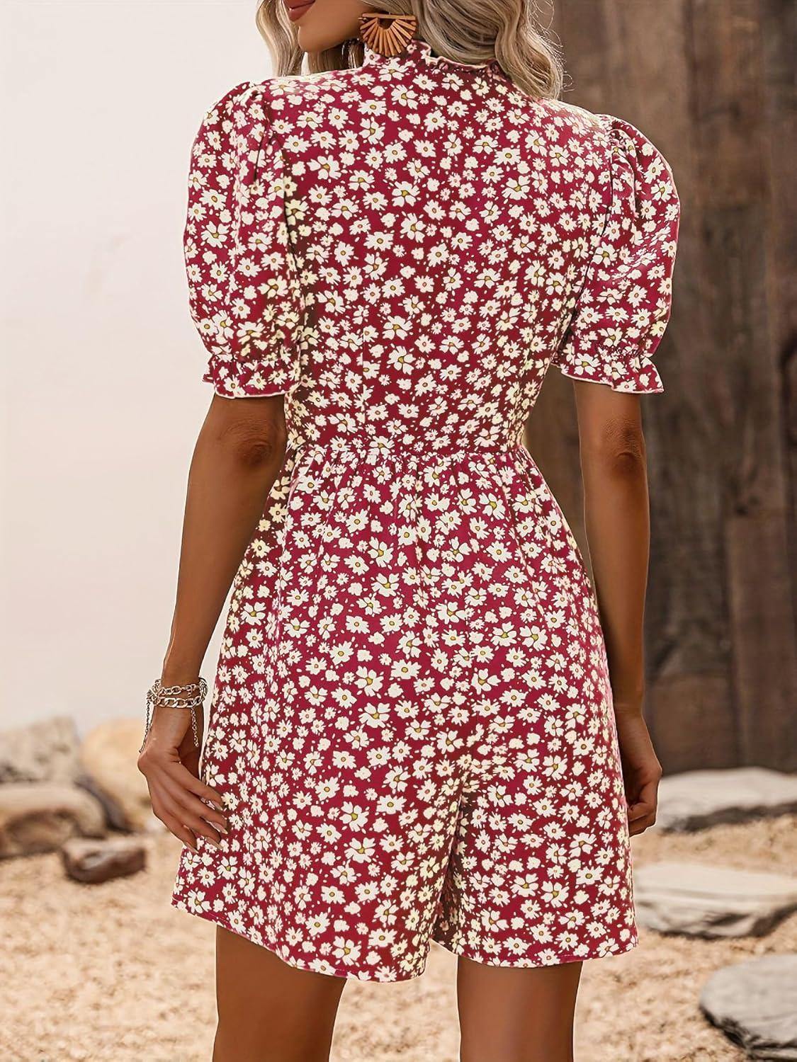 imagechouyatou Womens Boho Floral Printed Button Up Jumpsuit Puffy Short Sleeve Wide Leg Romper ShortsWine Red
