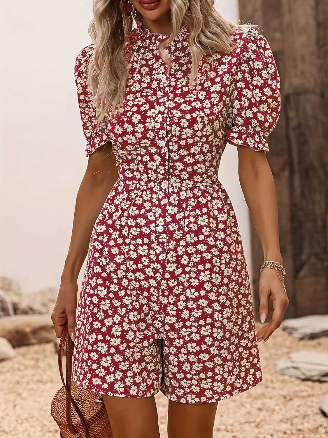imagechouyatou Womens Boho Floral Printed Button Up Jumpsuit Puffy Short Sleeve Wide Leg Romper ShortsWine Red