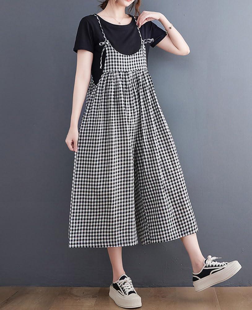 imagechouyatou Womens Plaid Wide Leg Romper Long Pants Loose Fit Baggy Sleeveless One Piece Capri Jumpsuit CulottesBlack