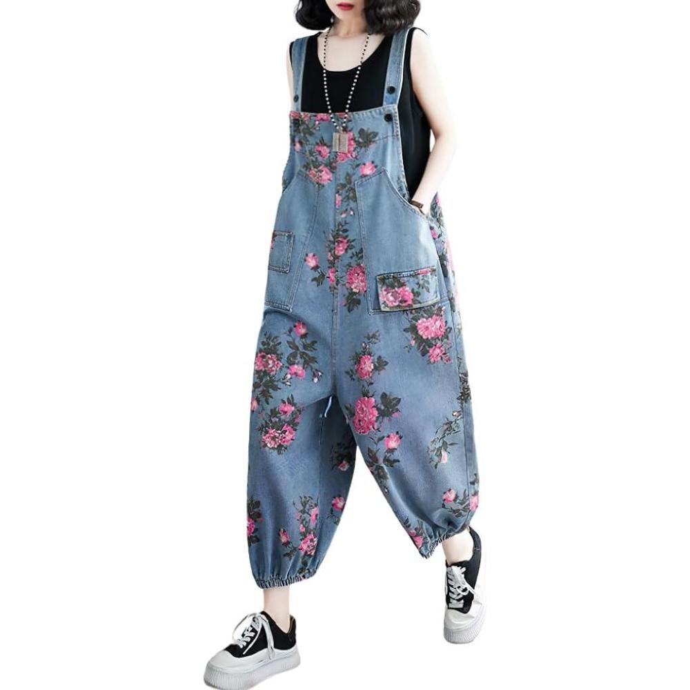imagechouyatou Womens Adjustable Strap Wide Leg Denim Overall Floral Boho Jean Bib Jumpsuits with PocketsBlue