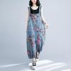 imagechouyatou Womens Adjustable Strap Wide Leg Denim Overall Floral Boho Jean Bib Jumpsuits with PocketsBlue