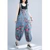 imagechouyatou Womens Adjustable Strap Wide Leg Denim Overall Floral Boho Jean Bib Jumpsuits with PocketsBlue