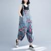 imagechouyatou Womens Adjustable Strap Wide Leg Denim Overall Floral Boho Jean Bib Jumpsuits with PocketsBlue