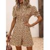 imagechouyatou Womens Boho Floral Printed Button Up Jumpsuit Puffy Short Sleeve Wide Leg Romper ShortsCoffee