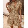 imagechouyatou Womens Boho Floral Printed Button Up Jumpsuit Puffy Short Sleeve Wide Leg Romper ShortsCoffee