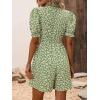 imagechouyatou Womens Boho Floral Printed Button Up Jumpsuit Puffy Short Sleeve Wide Leg Romper ShortsGreen