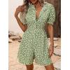 imagechouyatou Womens Boho Floral Printed Button Up Jumpsuit Puffy Short Sleeve Wide Leg Romper ShortsGreen
