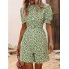 imagechouyatou Womens Boho Floral Printed Button Up Jumpsuit Puffy Short Sleeve Wide Leg Romper ShortsGreen