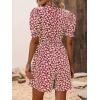 imagechouyatou Womens Boho Floral Printed Button Up Jumpsuit Puffy Short Sleeve Wide Leg Romper ShortsWine Red
