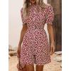 imagechouyatou Womens Boho Floral Printed Button Up Jumpsuit Puffy Short Sleeve Wide Leg Romper ShortsWine Red