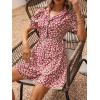 imagechouyatou Womens Boho Floral Printed Button Up Jumpsuit Puffy Short Sleeve Wide Leg Romper ShortsWine Red
