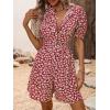 imagechouyatou Womens Boho Floral Printed Button Up Jumpsuit Puffy Short Sleeve Wide Leg Romper ShortsWine Red