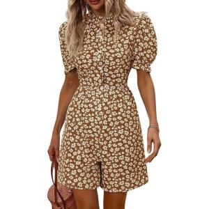 imagechouyatou Womens Boho Floral Printed Button Up Jumpsuit Puffy Short Sleeve Wide Leg Romper ShortsCoffee