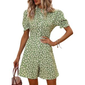 imagechouyatou Womens Boho Floral Printed Button Up Jumpsuit Puffy Short Sleeve Wide Leg Romper ShortsGreen