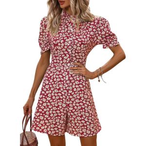 imagechouyatou Womens Boho Floral Printed Button Up Jumpsuit Puffy Short Sleeve Wide Leg Romper ShortsWine Red