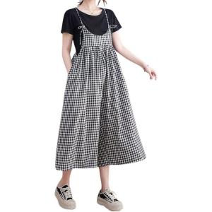 imagechouyatou Womens Plaid Wide Leg Romper Long Pants Loose Fit Baggy Sleeveless One Piece Capri Jumpsuit CulottesBlack